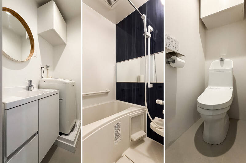 <b>左・</b>キッチン対面の扉を開けると洗面脱衣室。ラウンド型のミラーが可愛いです。／<b>中央・</b>コンパクトなユニットバス。浴室乾燥機付きです。／<b>右・</b>玄関そばに独立したトイレ。