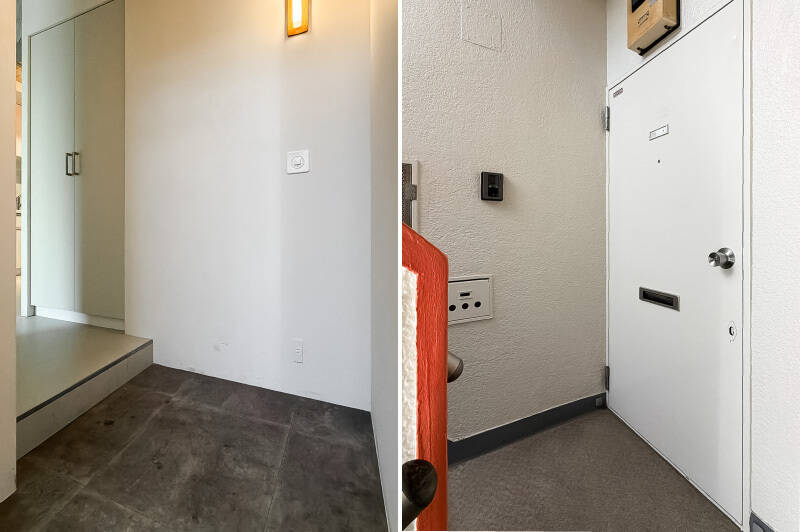 <b>左・</b>玄関土間から室内はクランクしているため、丸見えにならないのがgood。両開き戸の中が下足入れで、その対面にトイレがあります。／<b>右・</b>レトロな玄関扉。