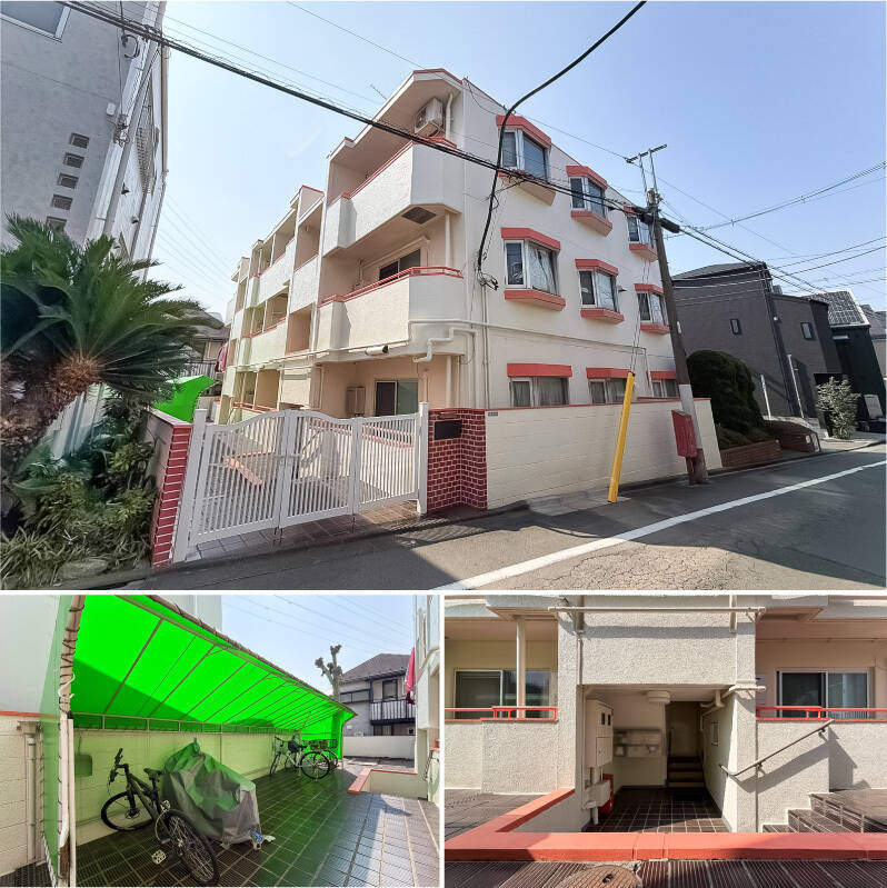 マンションは環七通りと駒沢通りの交差点から少し内側に入った閑静な住宅街に建っています。1977年築、地上3階建て、全12戸。管理会社を介さない “自主管理” 体制が取られています。白い門扉の中に先ほどの駐輪スペースがあり、その向かいに6戸分の階段室が。ご紹介した住戸へは階段を3段下り、また3段上がってアクセスします。