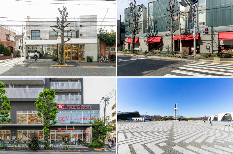 <p><b>左上・</b>駒沢通り沿いにある「ONIBUS COFFEE（オニバスコーヒー） 八雲店」。焙煎所も併設しているので、コーヒー豆を買って自宅で楽しむのもいいですね。（徒歩7分）／<b>右上・</b>マンションから徒歩3分の距離にある「キャトル 柿の木坂本店」。ケーキや自家製酵母パンを販売しています。／<b>左下・</b>最寄りのスーパーは「東急ストア 駒沢通り野沢店」。9時から22時まで営業しています。（徒歩4分）／<b>右下・</b>運動したくなったら「駒沢オリンピック公園」へ。（徒歩14分）</p>