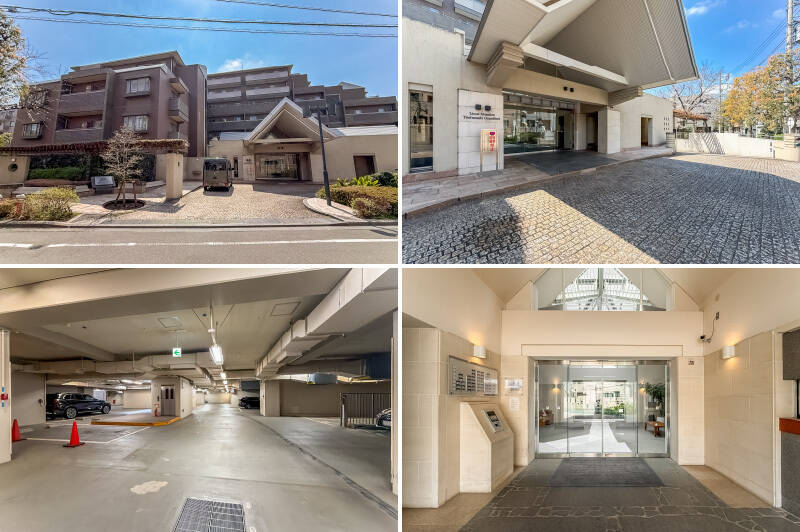 地下1階付き地上7階建て。そのどっしりとした佇まいから戸数が多いように感じますが、全50戸と中規模です。メインエントランス前には立派な車寄せ。そこから地下の自走式駐車場へとつながっています。管理室はオートロック扉の手前にあり、管理人さんは週6日間勤務されています。2013年に前回の大規模修繕工事が完了しました。