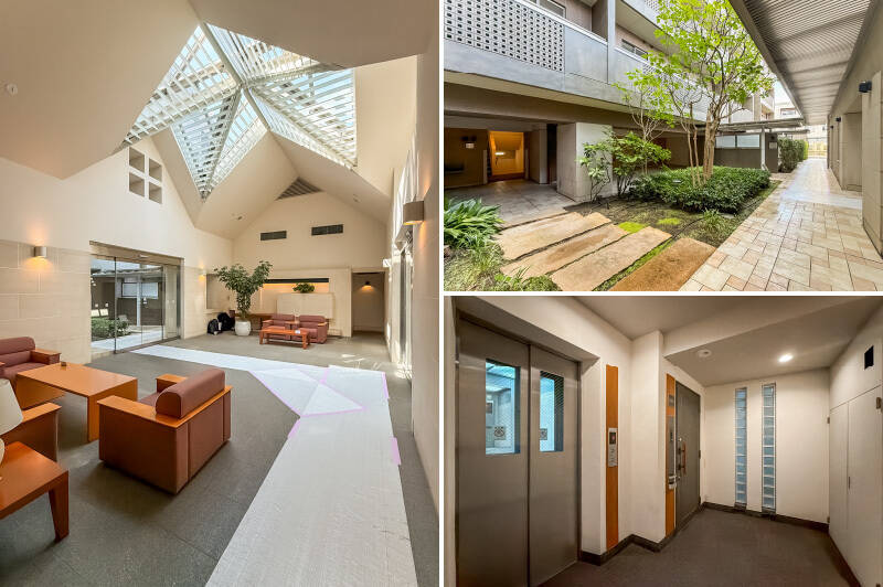 <b>左・</b>まるでリゾートホテルのような共用ロビー。星型の天窓がなんとも素敵です。／<b>右上・</b>緑豊かな中庭。後ほどご紹介するサブエントランスへとつながっています。／<b>右下・</b>エレベーターは2機用意され、住戸位置によって使うものが異なります。ご紹介する住戸は2階で下りてすぐお隣に。