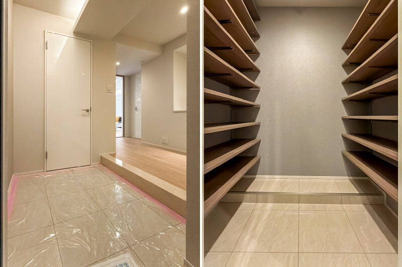 玄関ドアを開けると、広いタイル土間と温かな空間が出迎えます。たっぷりサイズのシューズインクローゼット（SIC）を用意。