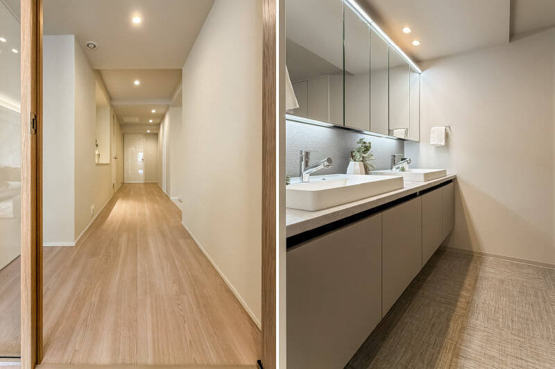<b>左・</b>廊下は長いだけでなく、横幅もゆったりと設計されています。さすが130㎡弱なだけありますね。／<b>右・</b>洗面は2ボウルタイプ。ご家族並んで身支度をしていただけます。同室に洗濯機置き場もまとまっていますよ。