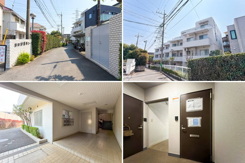 1982年築、全24戸の小規模マンションです。綱島街道から植栽豊かなアプローチを通った先に建ち、騒音や排気ガスが届きにくいのがうれしい。共用ロビーなどはなく、3ブロックに分かれて階段室が設けられています。