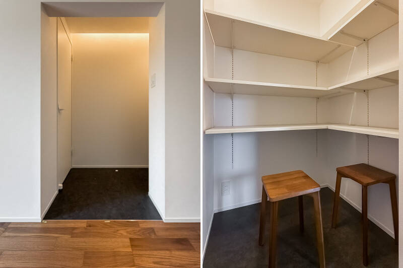 床がブラックに切り替わり、奥まったスペースに可動棚が設置されています。ここにスーツケースや季節家電などをしまうとよさそうですね。