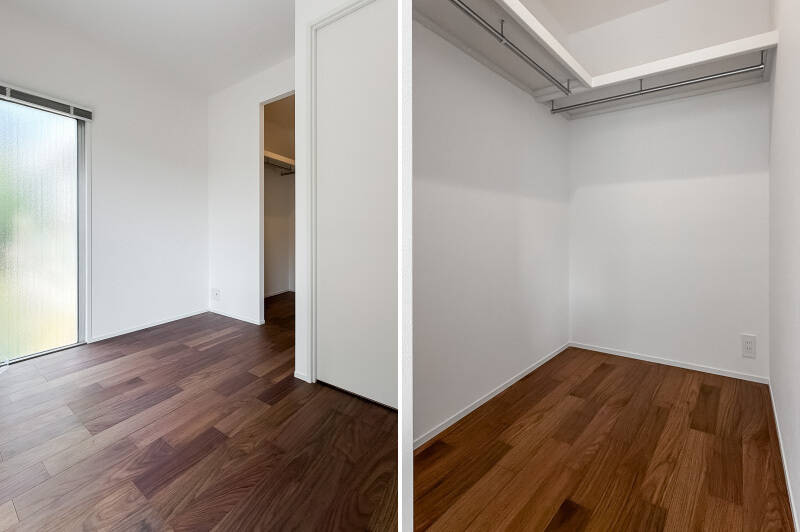 広いウォークインクローゼット（WIC）を備えているので、衣類はここにまとめればOK。