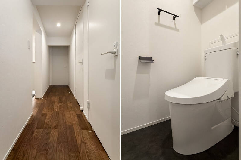 <b>左・</b>壁、天井、建具は白で統一。明るく清潔感があります。／<b>右・</b>最もLDKに近い場所にあるのがトイレ。