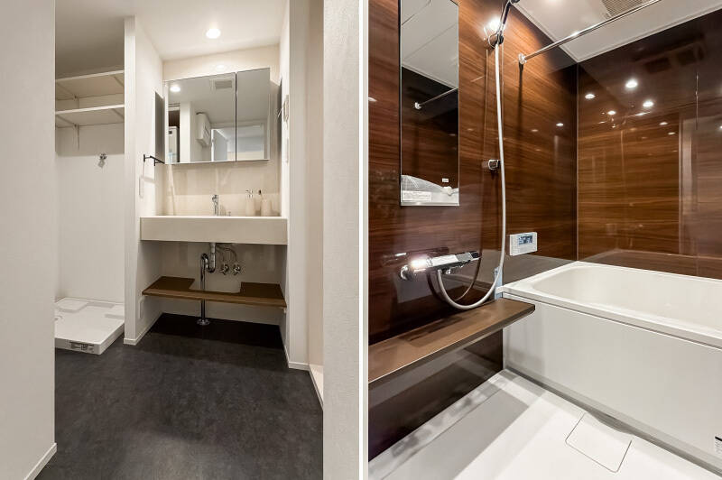 玄関上がって正面のドアを開けると洗面脱衣室。洗濯機置き場も同室にまとまっています。ユニットバスは艶やかな木目調。浴室乾燥や暖房機能が備わっています。