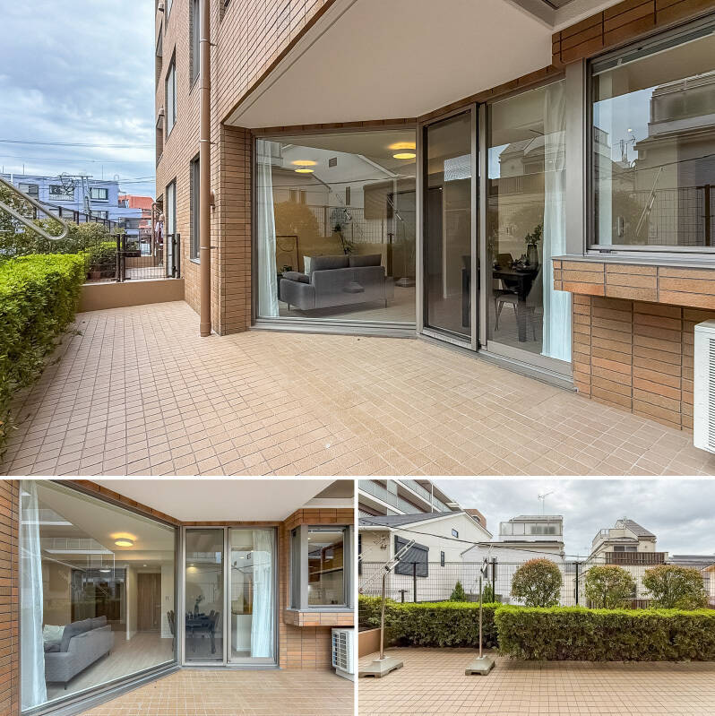 北西側にある洋室側のテラスと合わせると、広さは約27㎡。タイル貼りで清潔感がある印象です。今回の住戸は1階の所在ですが、道路より高くなっているため、近隣戸建ての2階の高さに相当します。