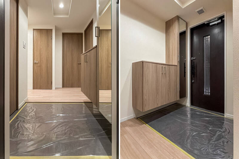 玄関にはシューズクローゼットと、折れ戸タイプの収納があります。外のアイテムを仕舞うことができ、便利ですね。