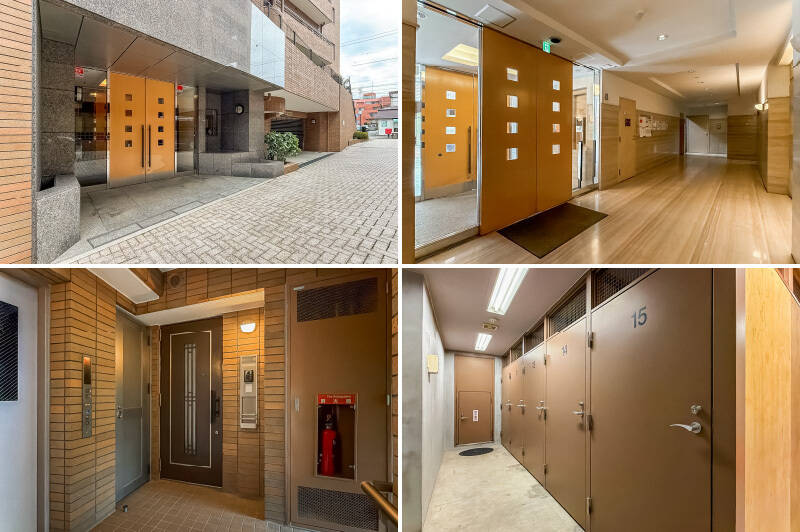 <b>左上・</b>道路からやや下がった位置にあるエントランスは、地下1階の表記。住戸は1階ながら実質2階ほどの高さに感じられますよ。／<b>右上・</b>エントランスには、オートロックと宅配ボックスが備わっています。／<b>左下・</b>共用廊下もタイル貼りで高級感のある印象。／<b>右下・</b>専用使用権付きのトランクルームが無償でご利用いただけます。アウトドア用品や嵩張るスーツケースなどの収納に大助かり！