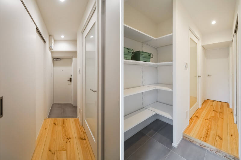 <b>左・</b>洋室を背にして玄関を見たカット。廊下が短く、無駄のない間取りなのがわかりますね。／<b>右・</b>玄関にはオープンな靴収納が備わっています。お手持ちの靴コレクションはこちらへどうぞ。