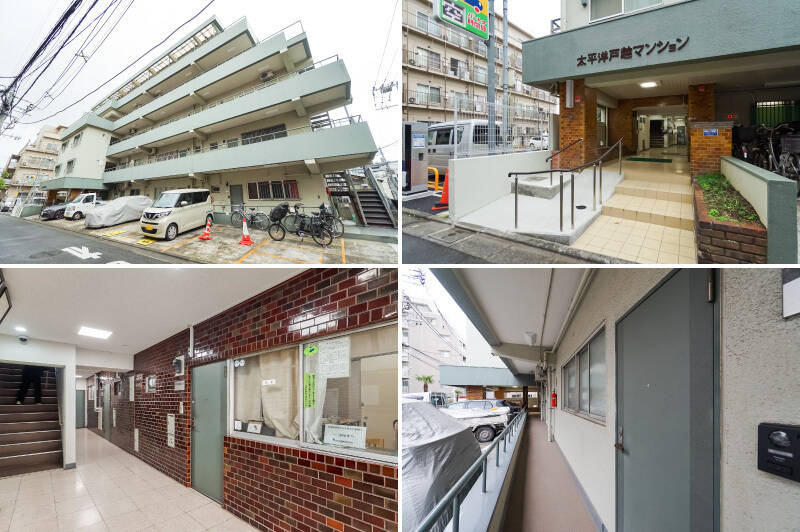 <b>左上・</b>総戸数は28戸。ツートンカラーの外観が懐かしい雰囲気のマンションです。／<b>右上・</b>スロープ付きのエントランス。／<b>左下・</b>管理人さんは週5日間、8時〜15時のご勤務です。共用部の床はモップ掛けされてピカピカでした！／<b>右下・</b>住戸のある1階の共用廊下は外の駐車場や道路に面しています。プライバシー面はややシビアですが、アクセスは楽々です。