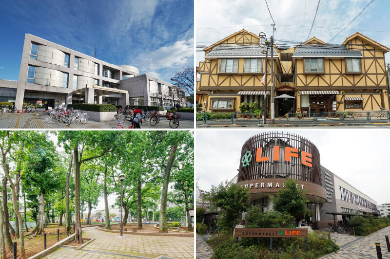 <p><b>左上・</b>歩いて4分の場所には「世田谷区立教育会館」。図書館やプラネタリウムを併設しています。／<b>右上・</b>行列ができる人気ベーカリー「
Bäckerei Brotheim（ベッカライ ブロートハイム）」は徒歩7分。朝7時半から営業しているので、ご近所の特権を活かして焼きたてを食卓に並べたいですね。／<b>左下・</b>大きな公園へ行かずとも、ご近所にも遊具が充実した「弦巻どんぐり山公園」がありますよ。（徒歩4分）／<b>右下・</b>スーパーの選択肢は豊富ですが、特に周辺住民から支持を集めているのが「ライフ 桜新町店」。広い店内に豊富な品が揃っています。（徒歩13分）</p>