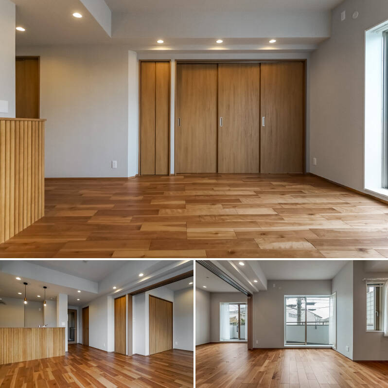 <b>上・</b>3枚引き戸の先は洋室Aです。引き戸の横には収納スペースを確保しています。／<b>下・</b>引き戸オープン！ LDKとひと続きにして使用すれば、約20.2帖もの広さに◎