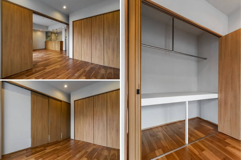 <b>左・</b>お子さまのプレイルームやワークスペース、もちろん寝室としても。ライフスタイルに合わせてお使いいただけます。／<b>右・</b>奥行きのある、折れ戸2枚分の収納を備えています。