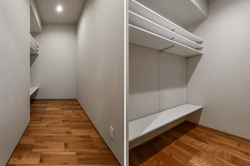 収納としてはもちろん、仕事部屋としても使えそうな広さ。オープン収納の棚は可動式なので、棚を外してデスクを置くレイアウトもよさそうです。