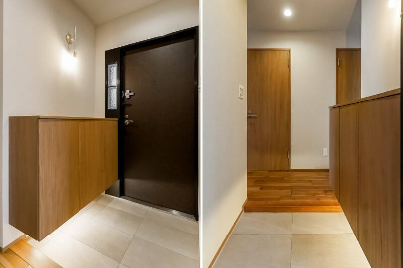 シューズボックスは、腰高サイズ＆フロートタイプで、圧迫感を抑えた玄関まわり。