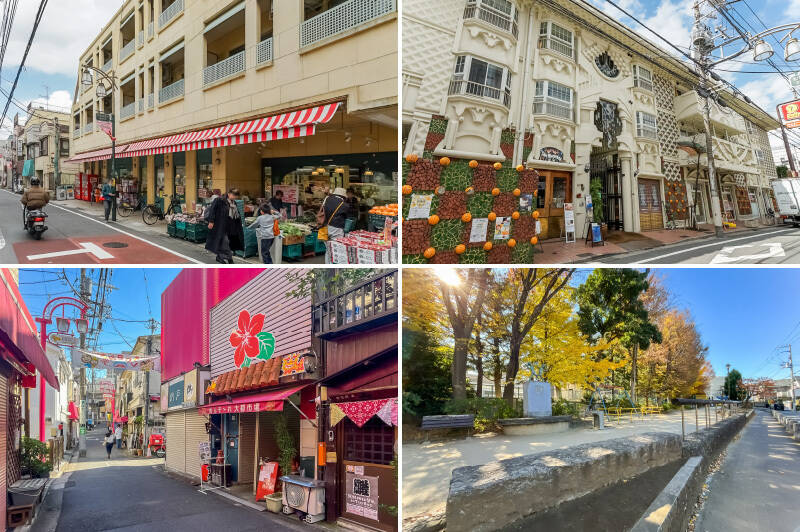 <b>左上・</b>「スーパーつかさ 和泉店」までは徒歩4分。生鮮食品が比較的お手頃なラインナップ。キャッシュオンリーな点はご注意を。／<b>右上・</b>“日本のガウディ” と呼ばれる建築家・梵寿綱（ぼん じゅこう）氏による共同住宅「マインド和亜」。華美な装飾に目を惹かれるはず。1階にはコンビニが入居しています。（徒歩5分）／<b>左下・</b>この街といえば「和泉明店街 沖縄タウン」は見逃せません。沖縄料理店やコーヒーショップなど様々なお店が軒を連ねています。（徒歩8分）／<b>右下・</b>「玉川上水公園」の中央には上水路が通っており、子どもが遊べる滑り台などの遊具も。（徒歩7分）<br>