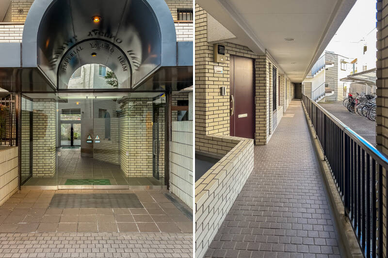 <p><b>左・</b>丸みを帯びた屋根が印象的なエントランス。／<b>右・</b>ご紹介する住戸は1階に所在する角部屋です。</p>