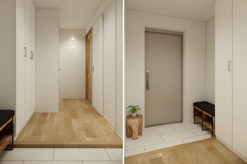 玄関扉を開けると、温かみのある木目が迎えてくれます。トールタイプのシューズボックスを設置予定で、畳んだベビーカーやベンチなどを置ける余白も。