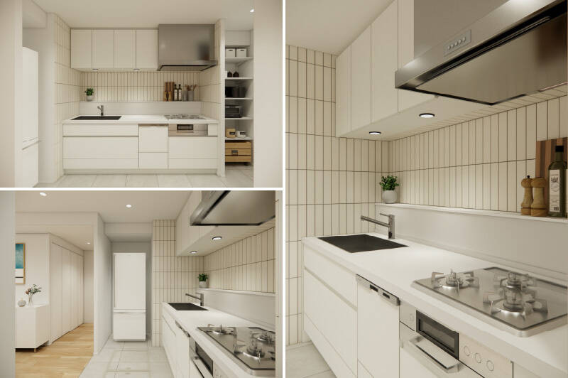 キッチンは空間に馴染むオリジナルデザイン。横にはパントリーのように使える可動棚を設け、生活感の出やすい食品のストックなどをスマートに収納できるよう計画します。