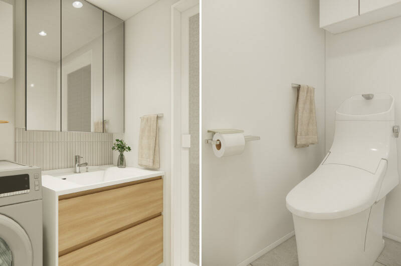 <b>左・</b>木の質感を活かした、オリジナルの洗面台。／<b>右・</b>トイレは洗面室からアクセスする間取りです。