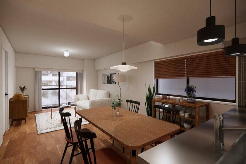 まずは約18.5帖の広々としたLDK。CGイメージでご紹介します。今回のリノベーションでは「CAFE LIFE」をコンセプトに、外観のレトロな雰囲気とマッチする温かみのあるデザインを採用します。