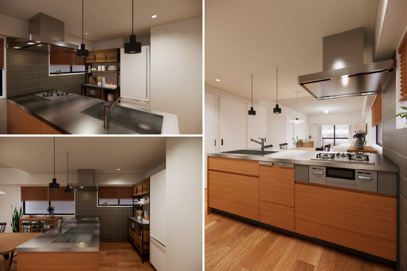 LDKの主役は、カウカモオリジナルの対面式キッチン。スタイリッシュなステンレス天板と、温もりある木目調の面材を組み合わせました。
