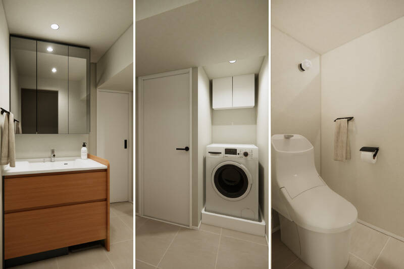 <p><b>左・</b>カウカモオリジナルの洗面台。／<b>中央・</b>ドラム式が置ける洗濯機置き場。上部には吊り戸棚を設置します。／<b>右・</b>トイレは洗面室からアクセスする間取り。ブラケットライトが可愛らしい、シンプルなデザインです。</p>