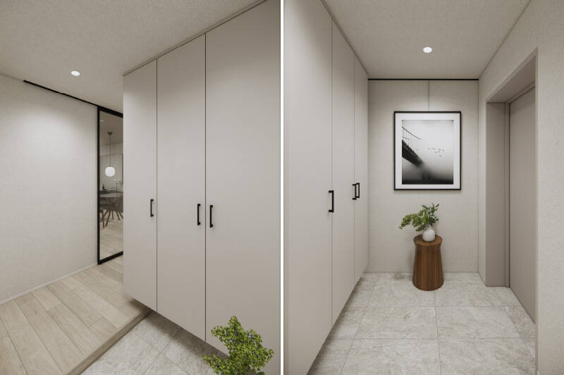 玄関扉を開けると、ギャラリーのような廊下が迎えます。奥行きを感じる視線の抜けが心地いいデザインです。