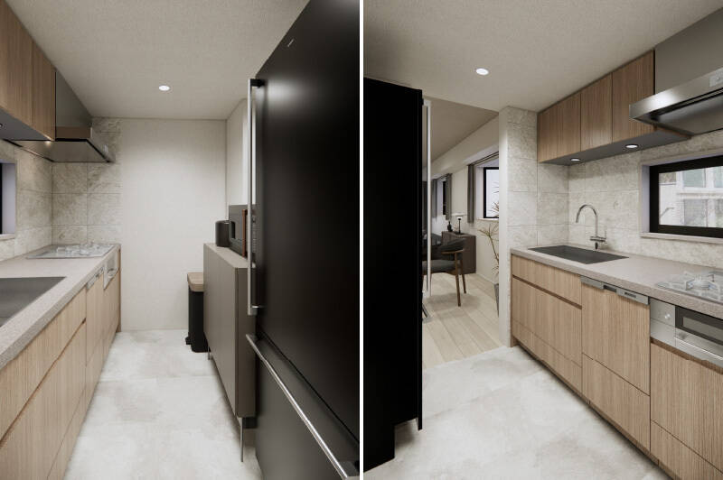 キッチンはリビングダイニングから奥まった場所に配置。3口コンロタイプで、食洗機を標準搭載します。