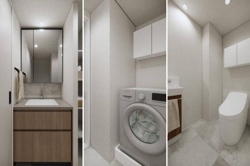 <b>左・</b>コンパクトでありながらホテルライクな印象の洗面台。／<b>中央・</b>洗濯機置き場の上部には棚を設置します。／<b>右・</b>トイレはタンクレスですっきりと。独立手洗いカウンター付きです。