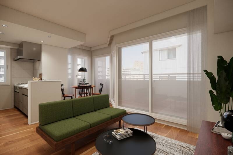 窓の多い約13.1帖のLDK。ひとクセある、特徴的な窓の形に合わせてリビングスペースとダイニングスペースがゾーニングされています。