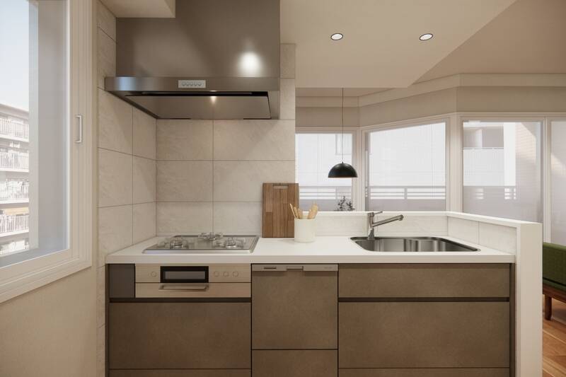 カウカモオリジナルのキッチンは、グレーを基調としたデザインに。うれしい食洗機・浄水器付きです。コンロ側の壁面はタイル貼りにします。大判タイルのため目地が少なく、お手入れしやすいところがGOOD。