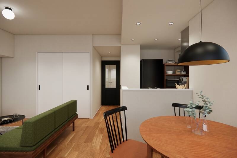 室内に戻ってきました。キッチンの腰壁には、リビング側のアクセントクロスと同じグレーのクロス。空間に統一性を感じます。