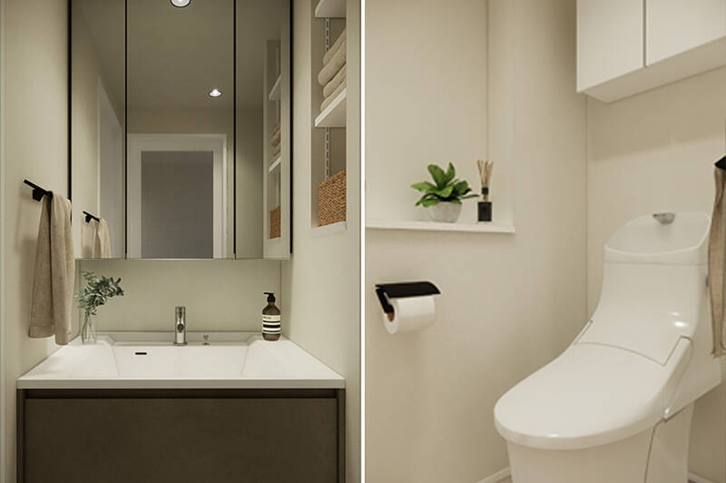 <b>左・</b>カウカモオリジナルの洗面台。三面鏡の収納のほか、右手には可動棚のニッチ収納を備えます。飾り棚としても活用できそうですね。/<b>右・</b>吊り戸棚が付いたシンプルなトイレ。