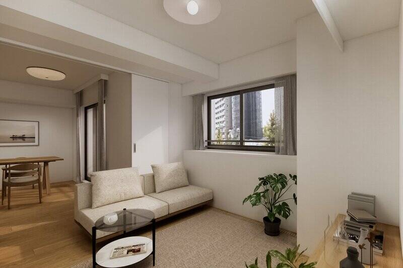 こちらはCGイメージ。引き戸を開け放ち、LDKとひと続きの空間として使用することも可能です。広さは合計すると約16帖に。