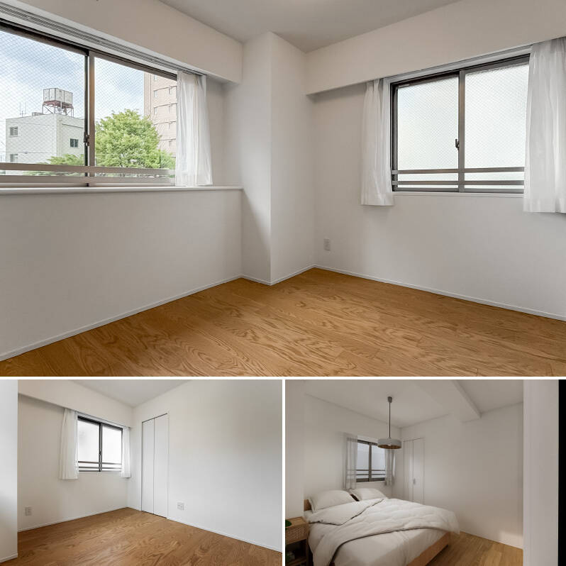 東と南の二面採光。折れ戸の中にはウォークインクローゼット（WIC）が備わっています。ダブルベッドを配置してもまだゆとりがあります。（右下・CGイメージ）