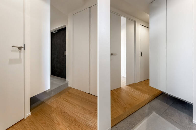 <b>左・</b>洗濯機置き場は両開き戸の中に。／<b>右・</b>玄関にはトールサイズの靴収納を設置しています。