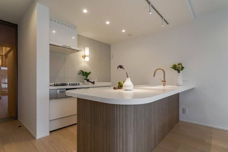 田中工藝のシステムキッチンを採用。カウンターは大きく張り出し、バーカウンターのように対面で腰掛けられる奥行きがあります。