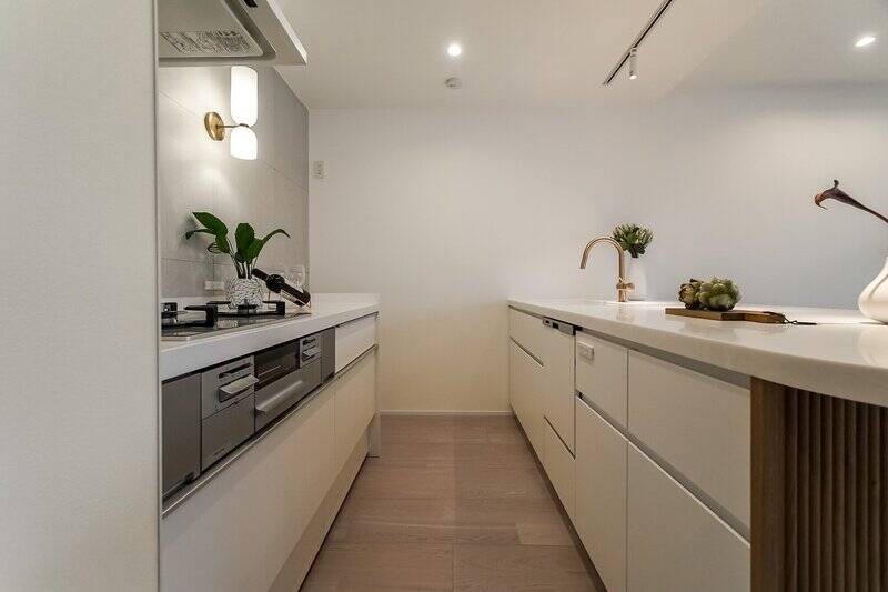 配置はII型で、シンクとコンロが平行に並ぶレイアウト。振り向くだけで手が届く、効率のよい動線も魅力です。