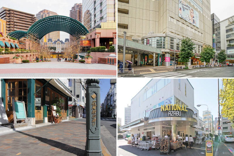 <b>上・</b>JR山手線ほか、東京メトロ日比谷線「恵比寿」駅まで徒歩9分。「恵比寿ガーデンプレイス」（徒歩9分）や「アトレ恵比寿」（徒歩11分）など商業施設が集まり、日々のお買い物を気軽に楽しめます。／<b>下・</b>一方で同じく徒歩9分の、東京メトロ日比谷線「広尾」駅周辺は、大使館が点在する落ち着いた雰囲気。国際色豊かな空気が流れ、「広尾散歩通り」（徒歩4分）や、輸入食品が充実した「ナショナル麻布」（徒歩12分）など、歩くほどに発見のある街並みが広がります。