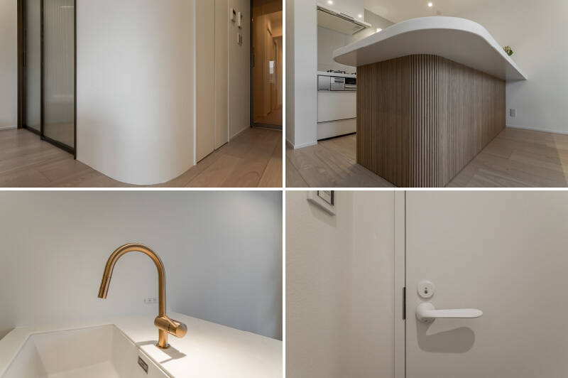 <b>左上・</b>壁の角をまるく仕上げることで、視線の当たりがやわらかくなります。／<b>右上・</b>キッチンカウンター下のウッディなリブパネルが、LDK全体に表情を添えています。／<b>左下・</b>水栓はグローエ製のグースネックタイプ。ゴールドの色味が空間の中でほどよく映え、やわらかな印象を添えています。／<b>右下・</b>建具の取手も丸みのある、手に馴染みやすいデザイン。コロンとしていてかわいいです。