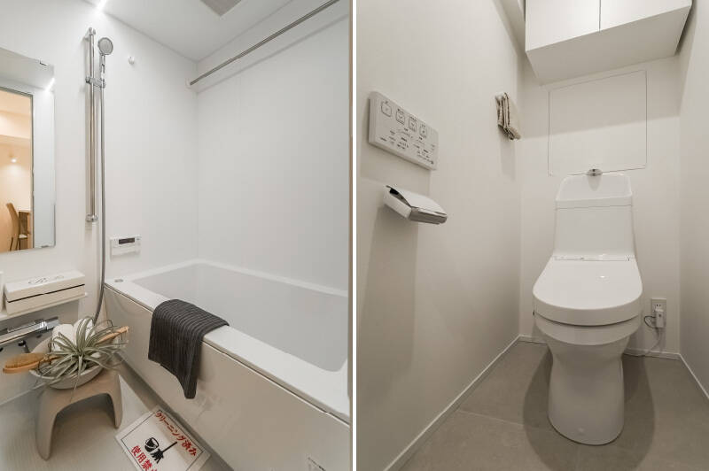 <b>左・</b>浴室乾燥機付きのバスルーム。サイズは1216です。／<b>右・</b>トイレは吊り戸棚付き。