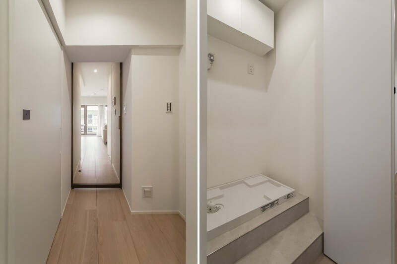<b>左・</b>洗面室とトイレ前の廊下は少し広めのつくり。水まわりは混み合いがちなので、このゆとりはうれしいですね。／<b>右・</b>洗濯機置き場は廊下に面していて、折れ戸を開けると現れます。