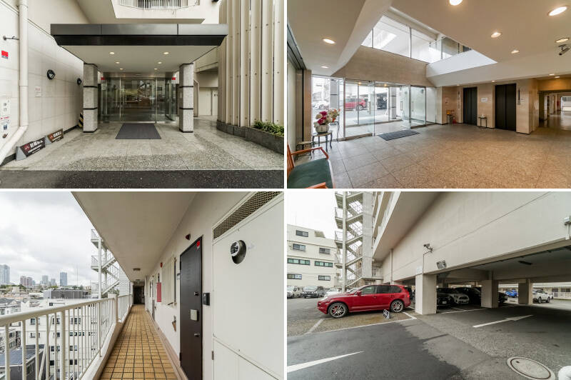 <b>左上・</b>交通量の少ない道路からスロープのアプローチを通ってエントランスに到着。／<b>右上・</b>二層吹き抜けになった開放感ある共用ロビー。管理人さんは住込みで週6日勤務されており、時代に合わせて宅配ボックスも追加装備されていますよ◎ ／<b>左下・</b>共用廊下はタイル調の仕上げが珍しく、思わず目を惹くかわいらしさ。／<b>右下・</b>駐車場は平置き。現在、屋外区画で空きがあり、月額20,000円です（2026年4月時点）。空き状況は変わりますので、詳細はお問い合わせください。