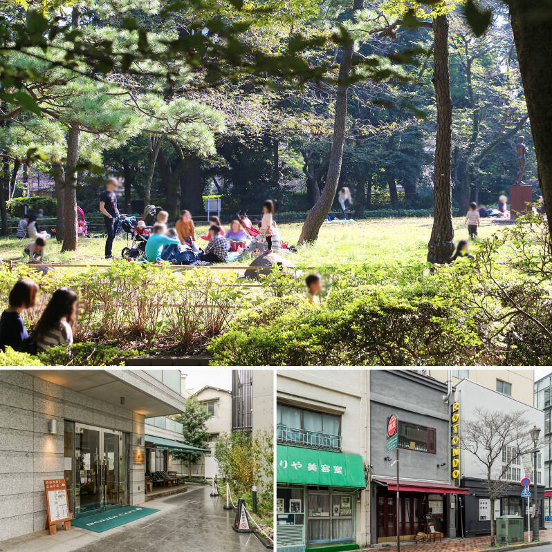 <b>上・</b>都心にいながら豊かな自然が広がる「有栖川宮記念公園」は徒歩11分。木々に囲まれた園内では、四季の移ろいや鳥のさえずりにふっと心がほどけます。／<b>左下・</b>オーストラリアのビーチ沿いのカフェをイメージした「BONDAI（ボンダイ）CAFE」。店内もペット同伴可で、ソファ席中心のゆったりとした空間が魅力。つい長居したくなりますね！（徒歩10分）／右下・「Braceria Rotondo（ブラッチェリーア ロトンド）」も座席は限られますが店内ペット同伴可。公園帰りにふらっと立ち寄って、ゆっくりランチを楽しむのもよさそうです◎（徒歩8分）