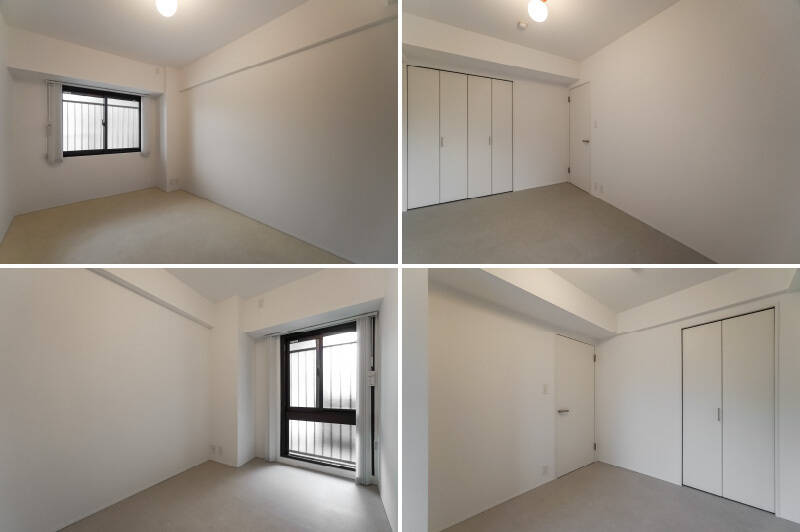 約6.5帖の洋室A(上)、約5帖の洋室B(下)、ともに共用廊下に面した北向きの窓があり、クローゼットが備わっています。どちらもシンプルな白い空間なので、自分たちらしく自由にコーディネートできそう。